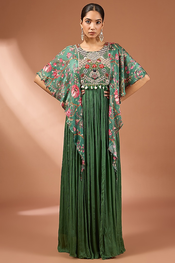 Green Chinon Georgette Printed & Embroidered Gown by Baidehi at Pernia's Pop Up Shop