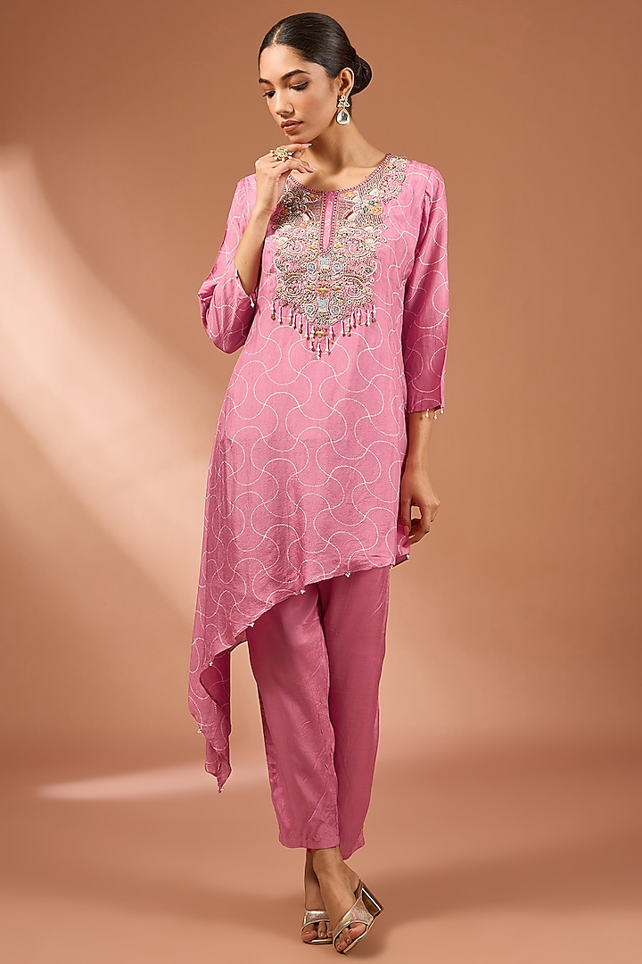 Pink Dupion Silk Zardosi Embroidered High-Low Kurta Set by Baidehi