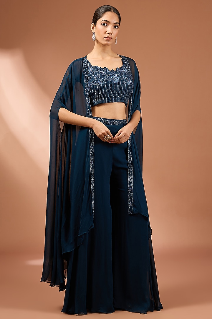 English Blue Georgette Palazzo Pant Set by Baidehi at Pernia's Pop Up Shop