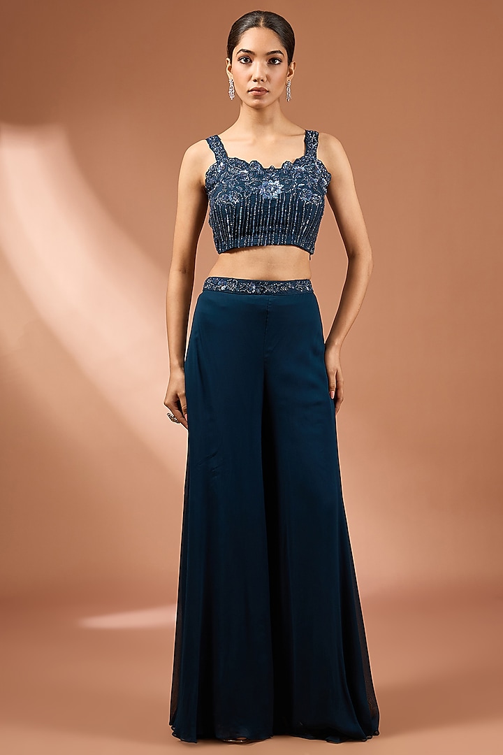 English Blue Georgette Palazzo Pant Set by Baidehi at Pernia's Pop Up Shop