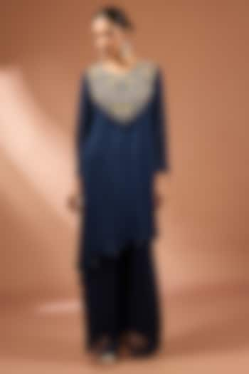 Navy Blue Chinon Georgette Thread & Zari Embroidered Kurta Set by Baidehi at Pernia's Pop Up Shop