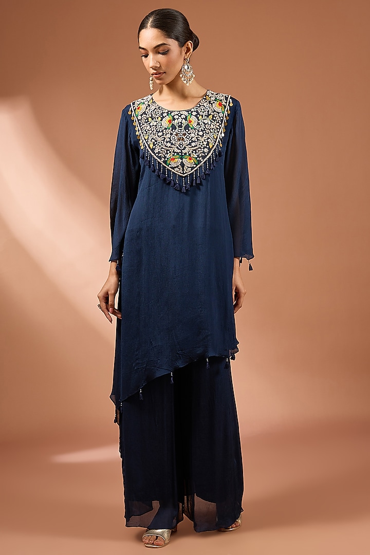 Navy Blue Chinon Georgette Thread & Zari Embroidered Kurta Set by Baidehi at Pernia's Pop Up Shop