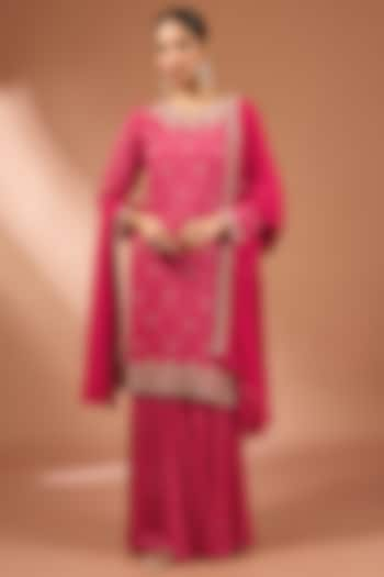 Cherry Red Chinon Georgette Sharara Set by Baidehi at Pernia's Pop Up Shop