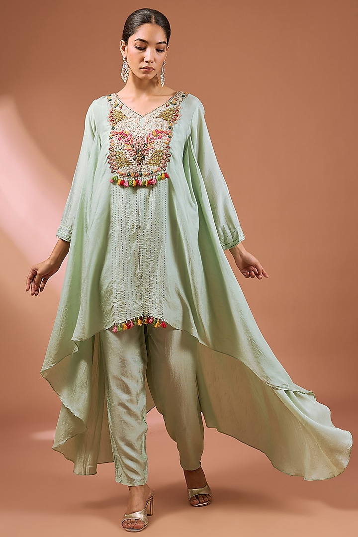 Mint Green Dupion Silk Zardosi Embroidered Flared High-Low Kurta Set by Baidehi at Pernia's Pop Up Shop