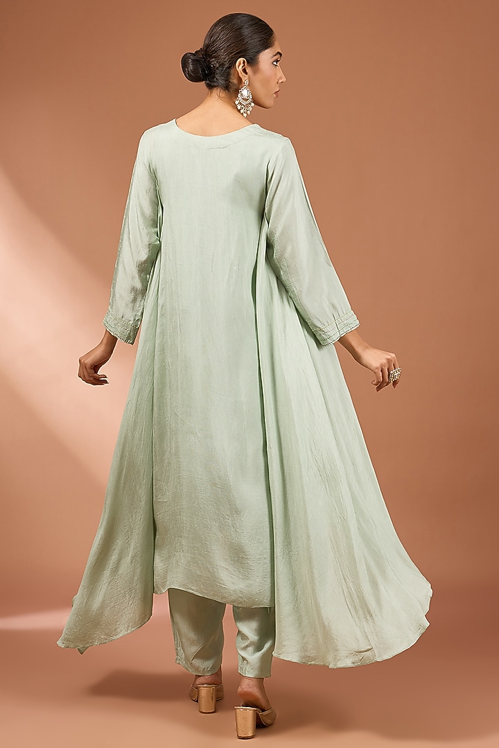 Mint Green Dupion Silk Zardosi Embroidered Flared High-Low Kurta Set by Baidehi at Pernia's Pop Up Shop