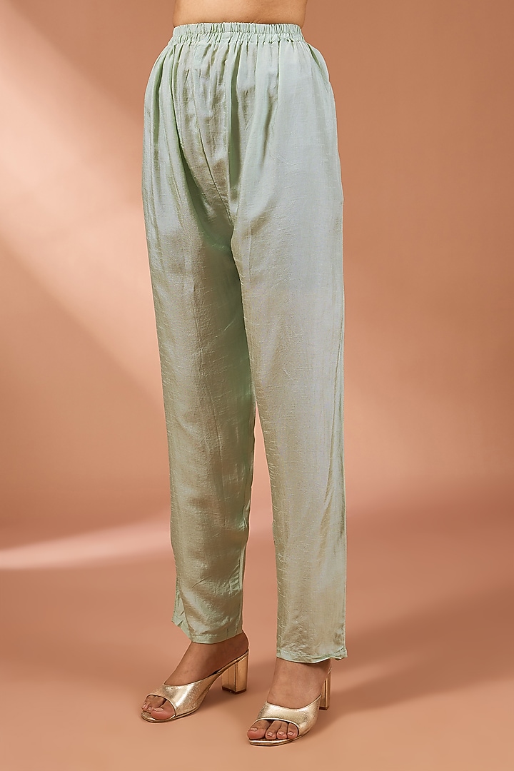 Mint Green Dupion Silk Zardosi Embroidered Flared High-Low Kurta Set by Baidehi at Pernia's Pop Up Shop