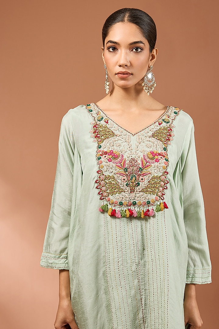 Mint Green Dupion Silk Zardosi Embroidered Flared High-Low Kurta Set by Baidehi at Pernia's Pop Up Shop