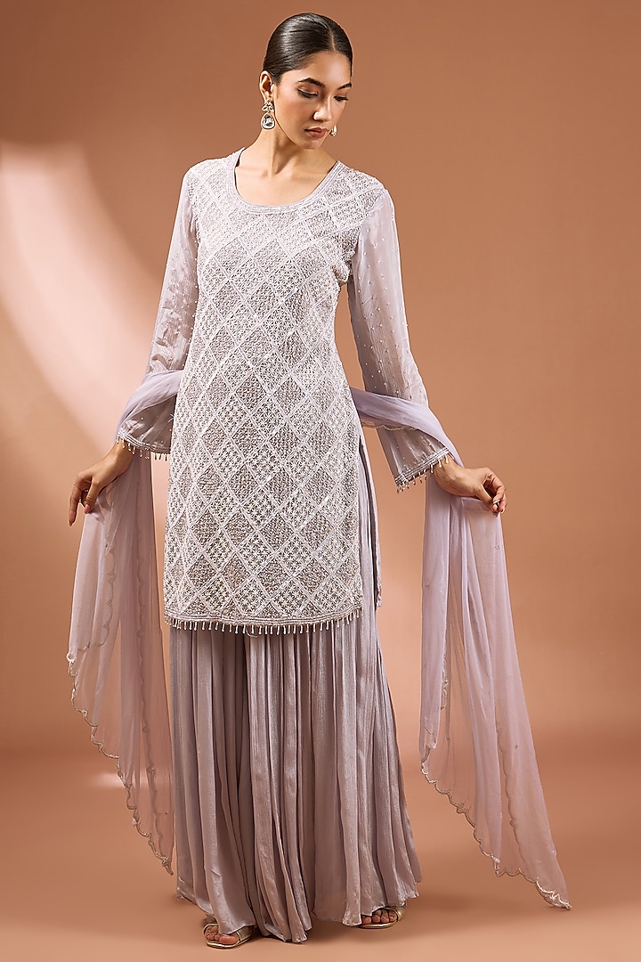 Water Grey Chinon Georgette Sharara Set by Baidehi at Pernia's Pop Up Shop