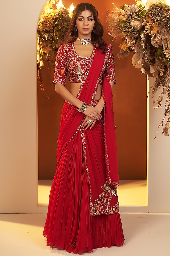 Deep Red Georgette Pearl & Dabka Embroidered Draped Wedding Lehenga Set by Baidehi at Pernia's Pop Up Shop