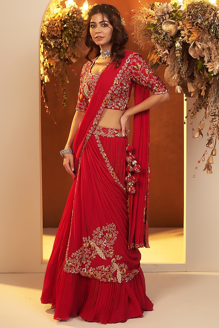 Fuchsia Red Georgette Pearl & Dabka Embroidered Draped Wedding Lehenga Set by Baidehi at Pernia's Pop Up Shop
