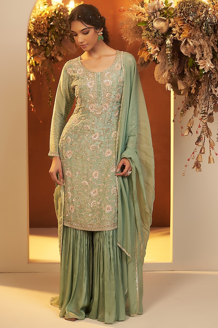 Mint Green Chinon Georgette Sharara Set by Baidehi