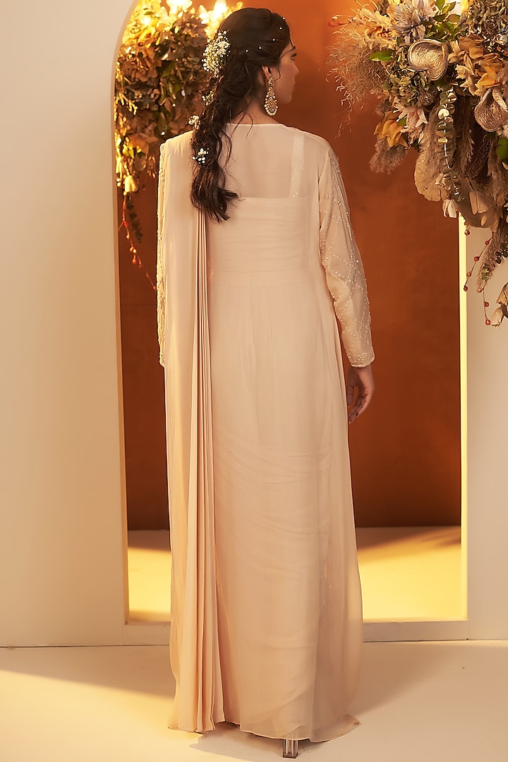 Beige Ombre Georgette Draped Jacket Wedding Saree Set by Baidehi at Pernia's Pop Up Shop