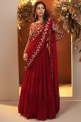 Deep Red Georgette Motif Hand Embroidered Draped Gown Saree by Baidehi