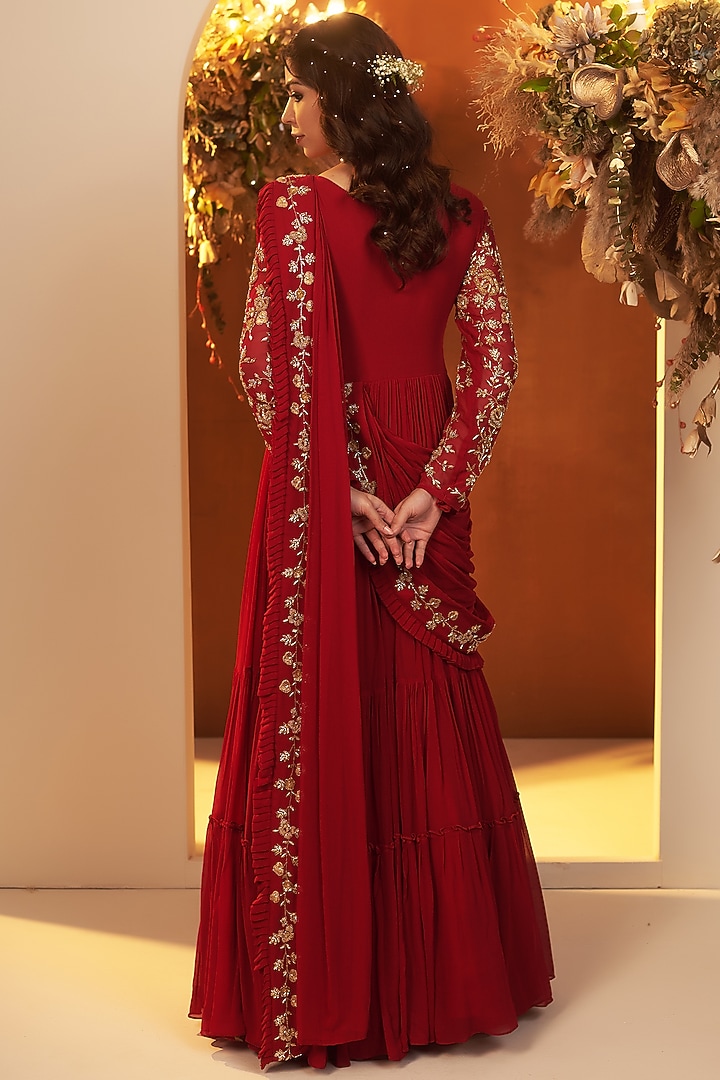 Deep Red Georgette Motif Hand Embroidered Draped Gown Saree by