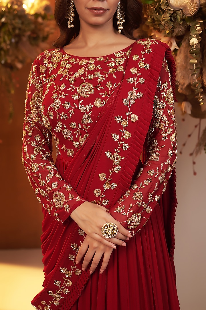Deep Red Georgette Motif Hand Embroidered Draped Wedding Gown Saree by Baidehi at Pernia's Pop Up Shop