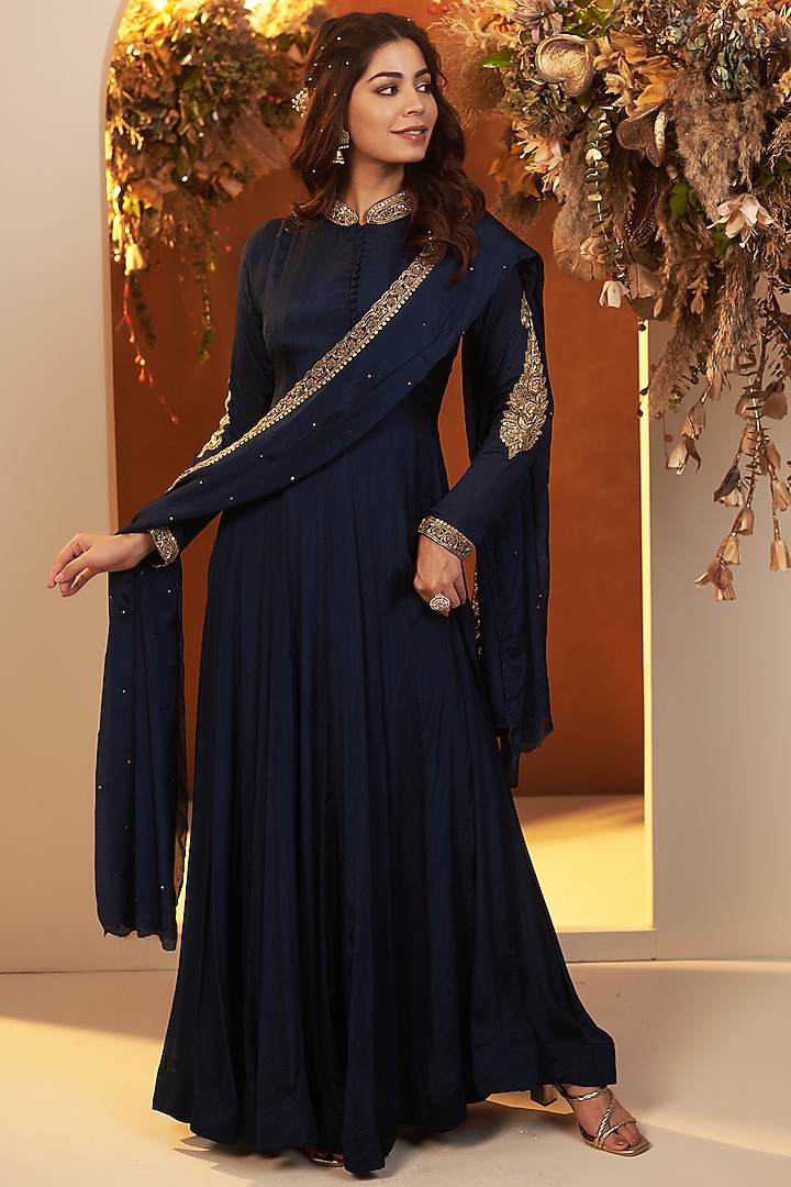 Deep Blue Chinon Georgette Zari Embroidered Anarkali Set by Baidehi