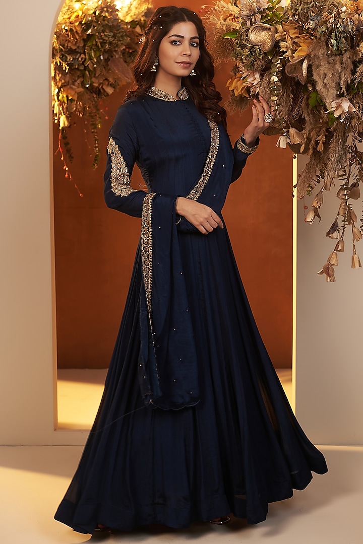 Deep Blue Chinon Georgette Zari Embroidered Party Wear Anarkali Set by Baidehi at Pernia's Pop Up Shop
