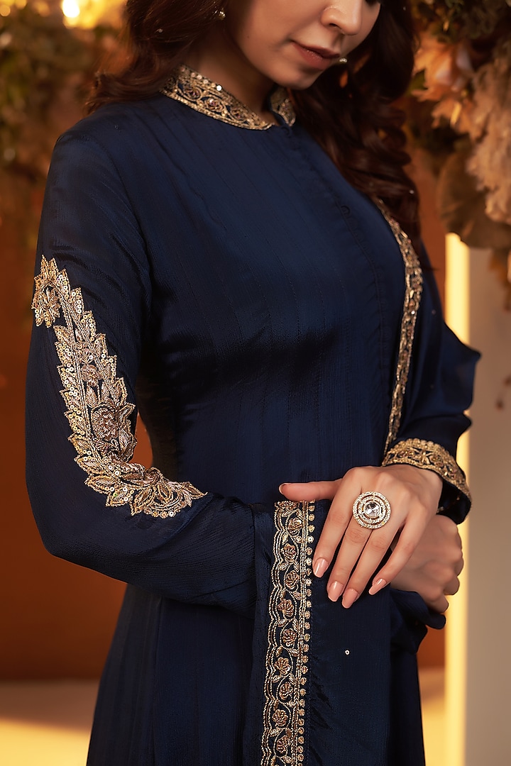 Deep Blue Chinon Georgette Zari Embroidered Party Wear Anarkali Set by Baidehi at Pernia's Pop Up Shop