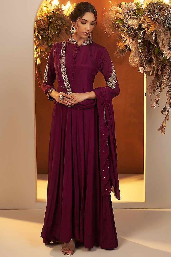 Wine Chinon Georgette Zari Embroidered Anarkali Set by Baidehi