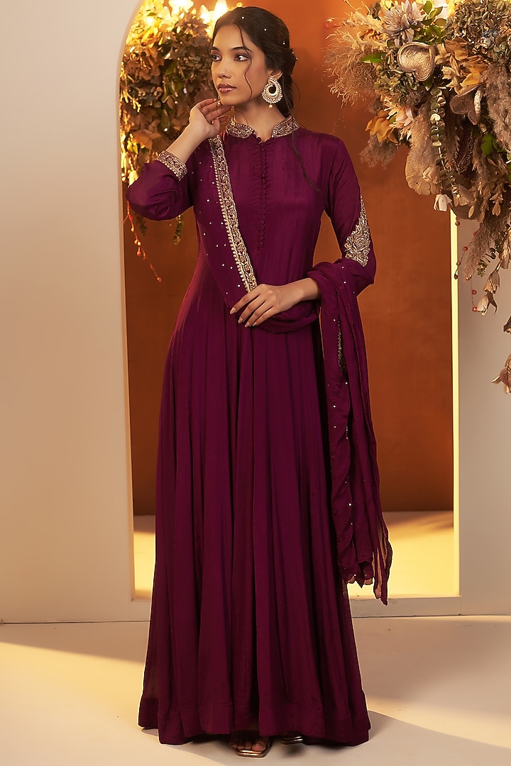 Wine Chinon Georgette Zari Embroidered Party Wear Anarkali Set by Baidehi at Pernia's Pop Up Shop