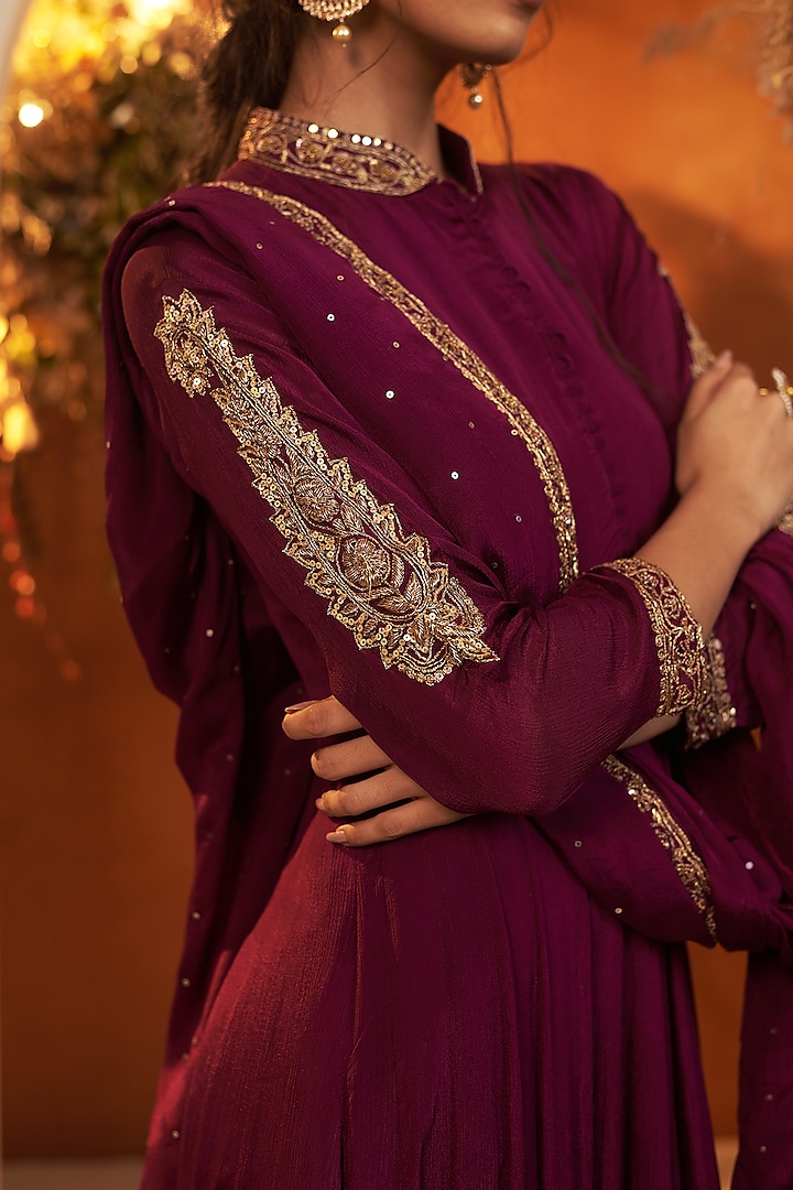 Wine Chinon Georgette Zari Embroidered Party Wear Anarkali Set by Baidehi at Pernia's Pop Up Shop