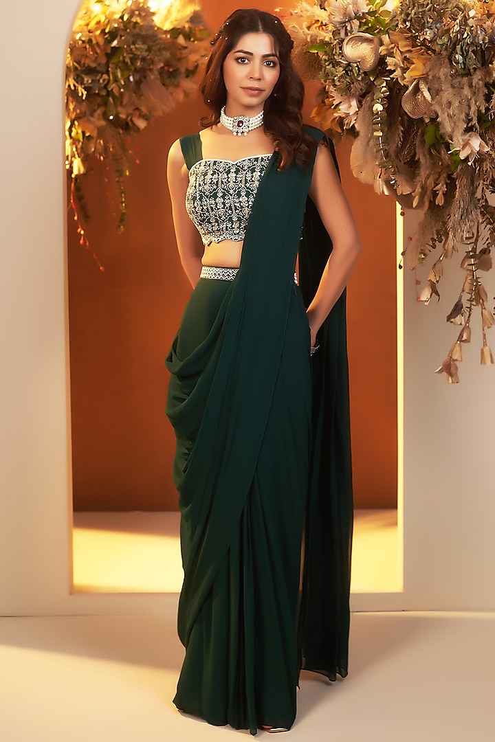 Emerald Green Georgette Draped Saree Set by Baidehi at Pernia's Pop Up Shop