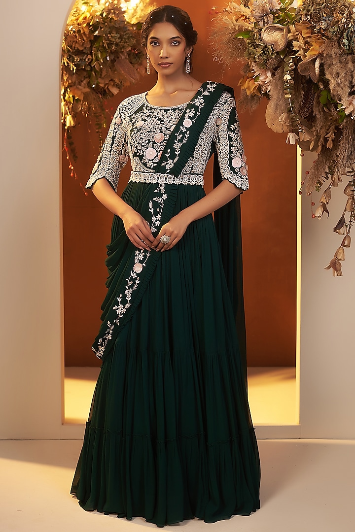 Emerald Green Georgette Sequins Embroidered Draped Gown Saree by Baidehi at Pernia's Pop Up Shop