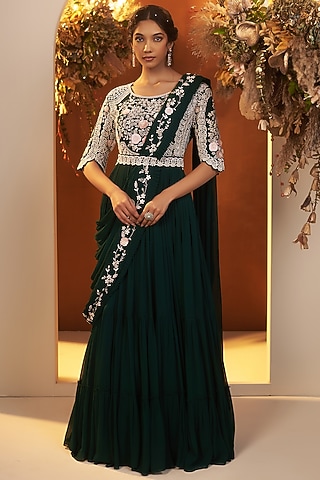 Emerald Green Georgette Sequins Embroidered Draped Gown Saree by Baidehi
