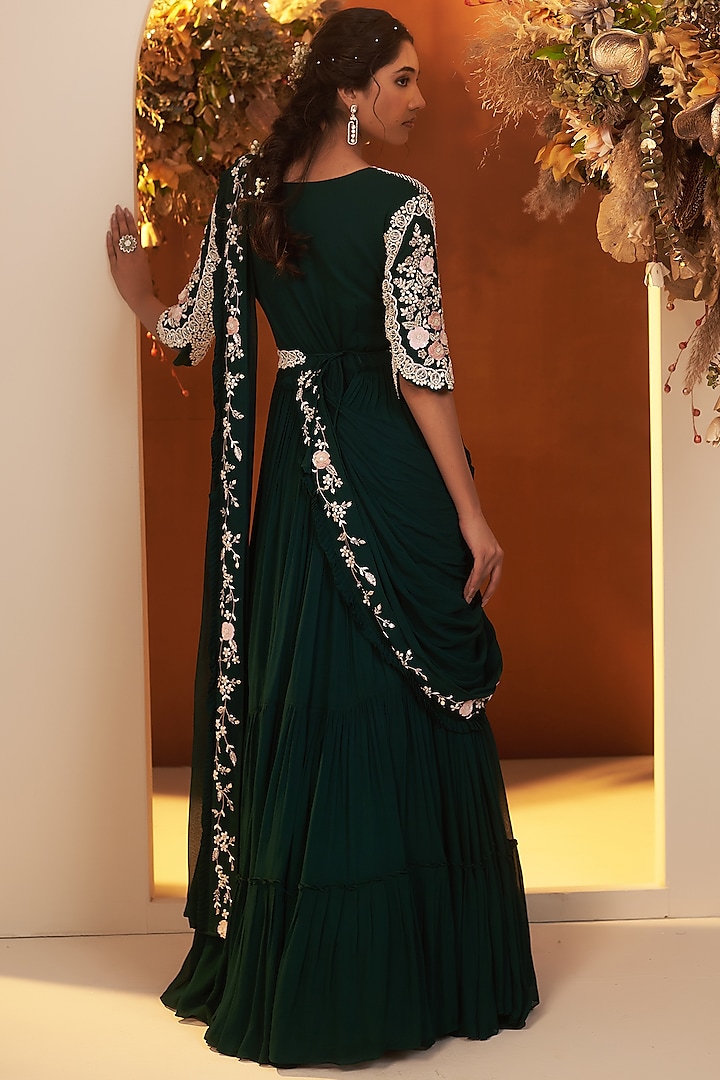 Emerald Green Georgette Sequins Embroidered Draped Wedding Gown Saree by Baidehi at Pernia's Pop Up Shop