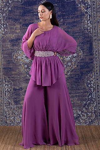 Lilac Georgette Sharara Set by Baidehi