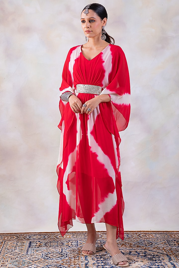 Red & White Tie-Dye Kaftan by Baidehi