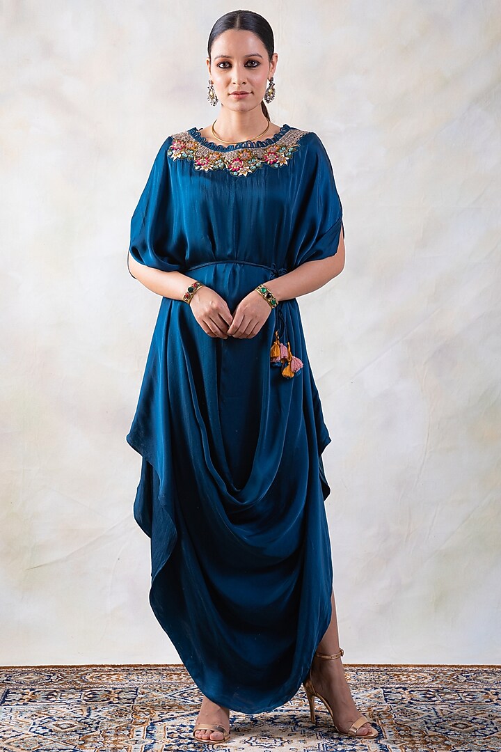 Blue Draped Embroidered Summer Dress by Baidehi at Pernia's Pop Up Shop