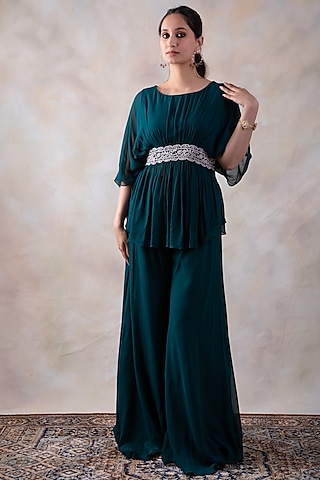 Green Georgette Sharara Set by Baidehi