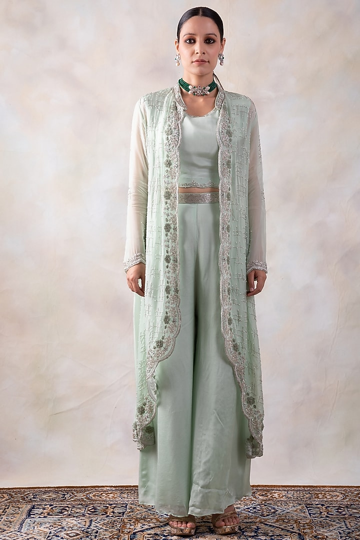 Mint Green Embroidered Cape Set by Baidehi at Pernia's Pop Up Shop