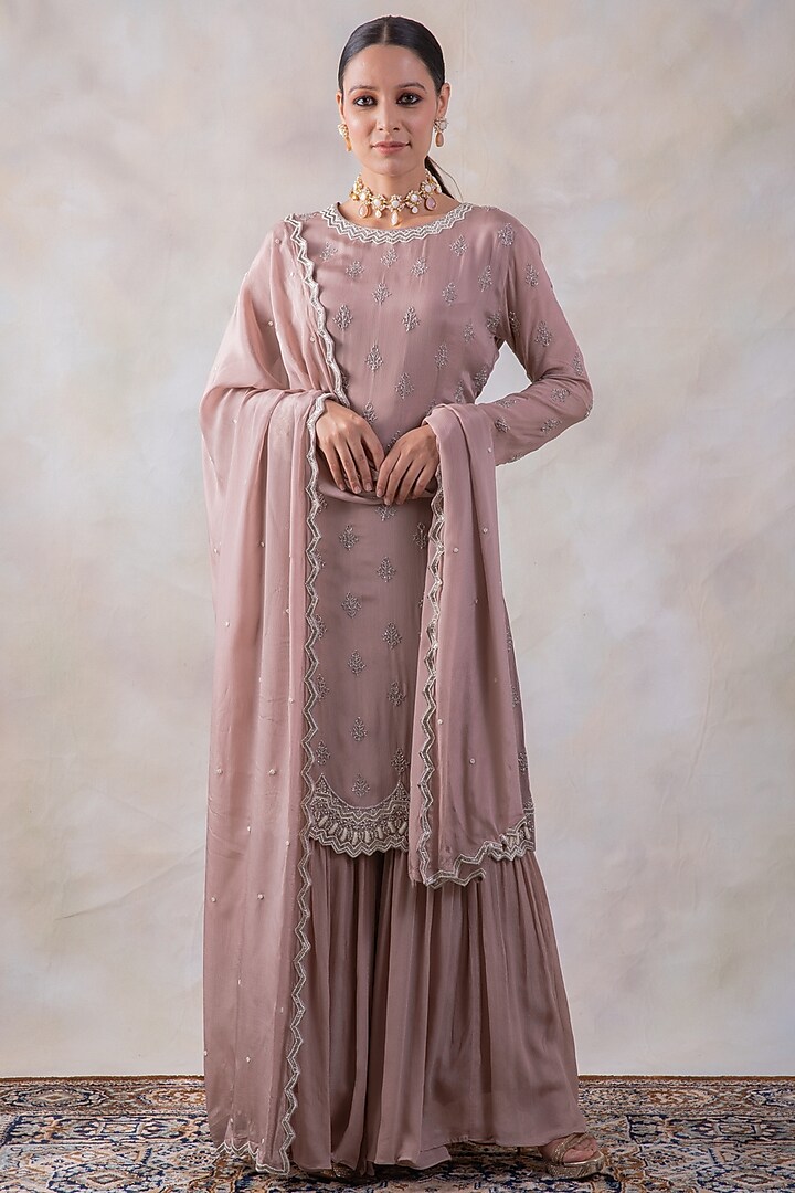 Salmon Pink Chinon Georgette Sharara Set by Baidehi at Pernia's Pop Up Shop