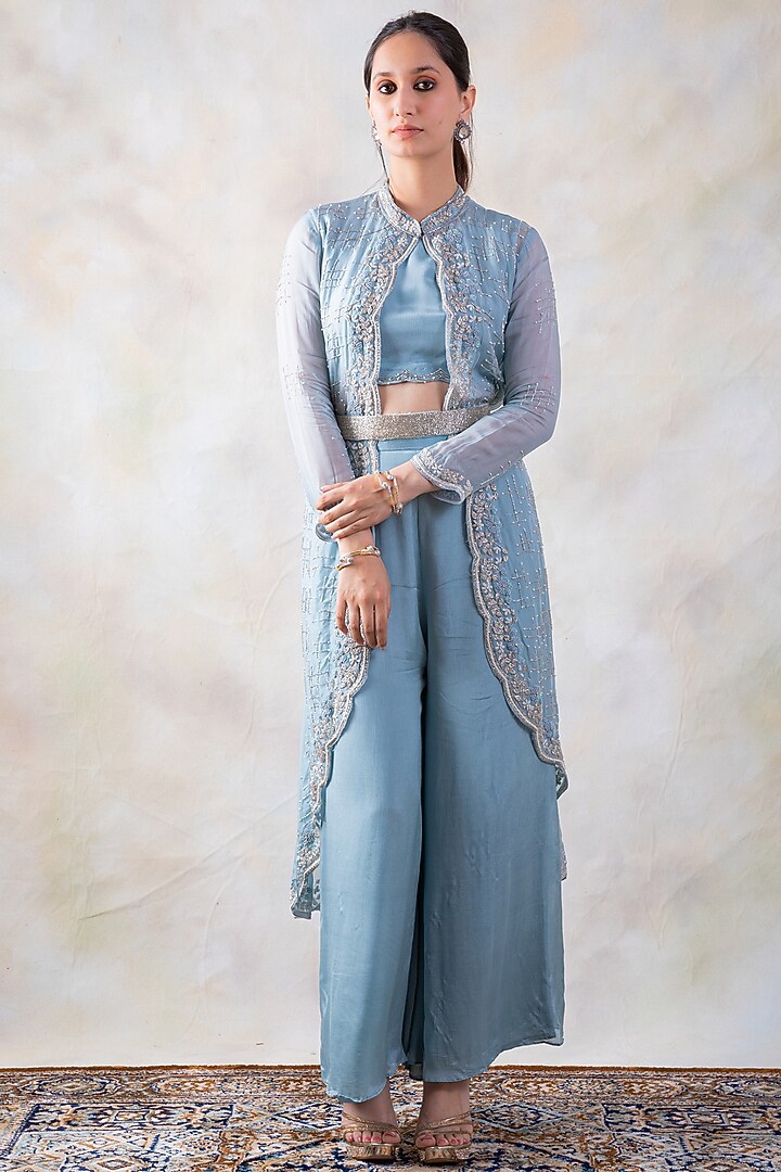 Blue Embroidered Cape Set by Baidehi at Pernia's Pop Up Shop