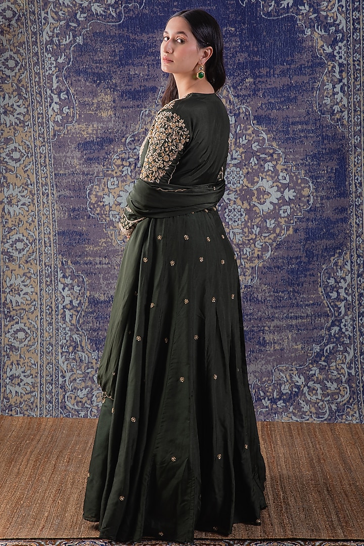Mehendi Green Embroidered Party Wear Anarkali With Dupatta by Baidehi at Pernia's Pop Up Shop