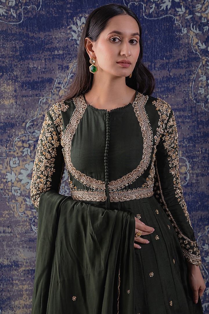 Mehendi Green Embroidered Party Wear Anarkali With Dupatta by Baidehi at Pernia's Pop Up Shop