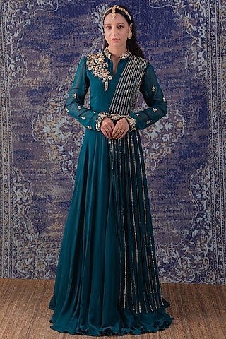 Green Embroidered Draped Gown by Baidehi