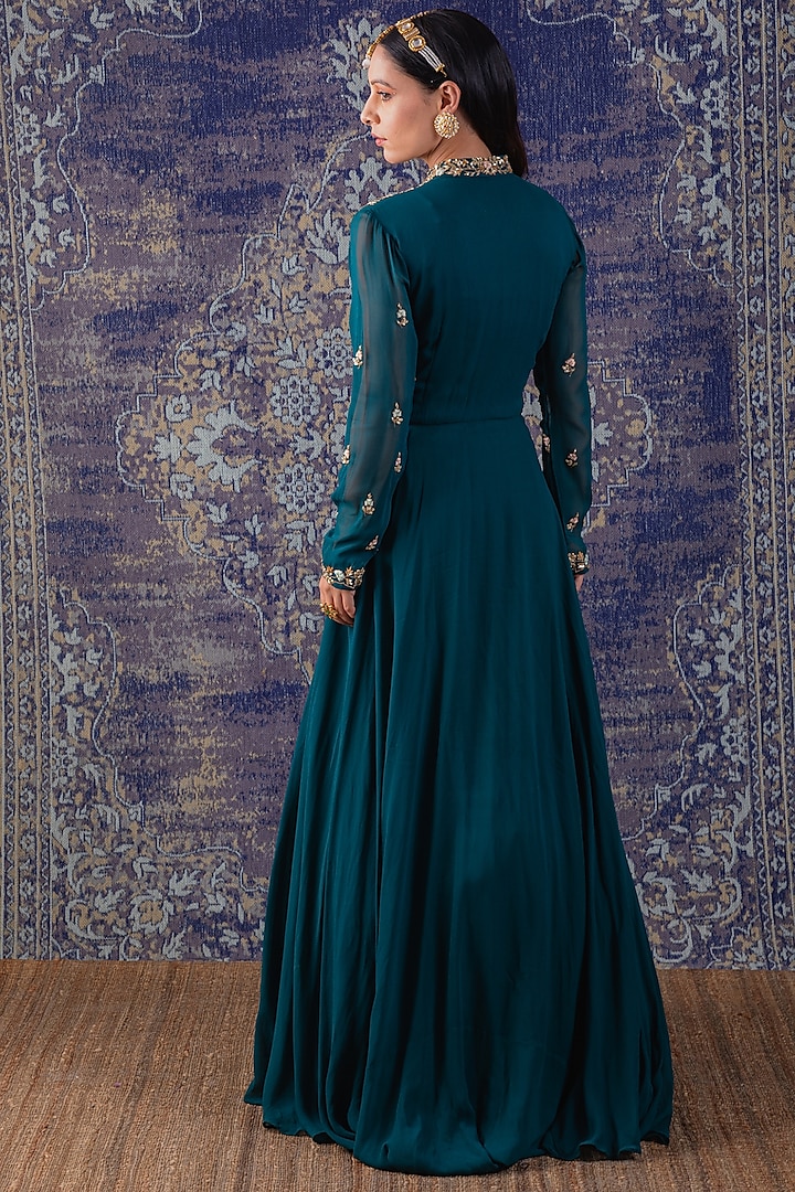 Green Embroidered Draped Party Wear Gown by Baidehi at Pernia's Pop Up Shop