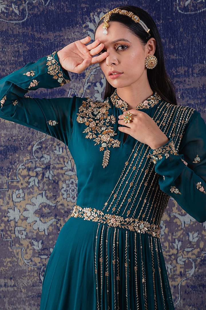 Green Embroidered Draped Party Wear Gown by Baidehi at Pernia's Pop Up Shop