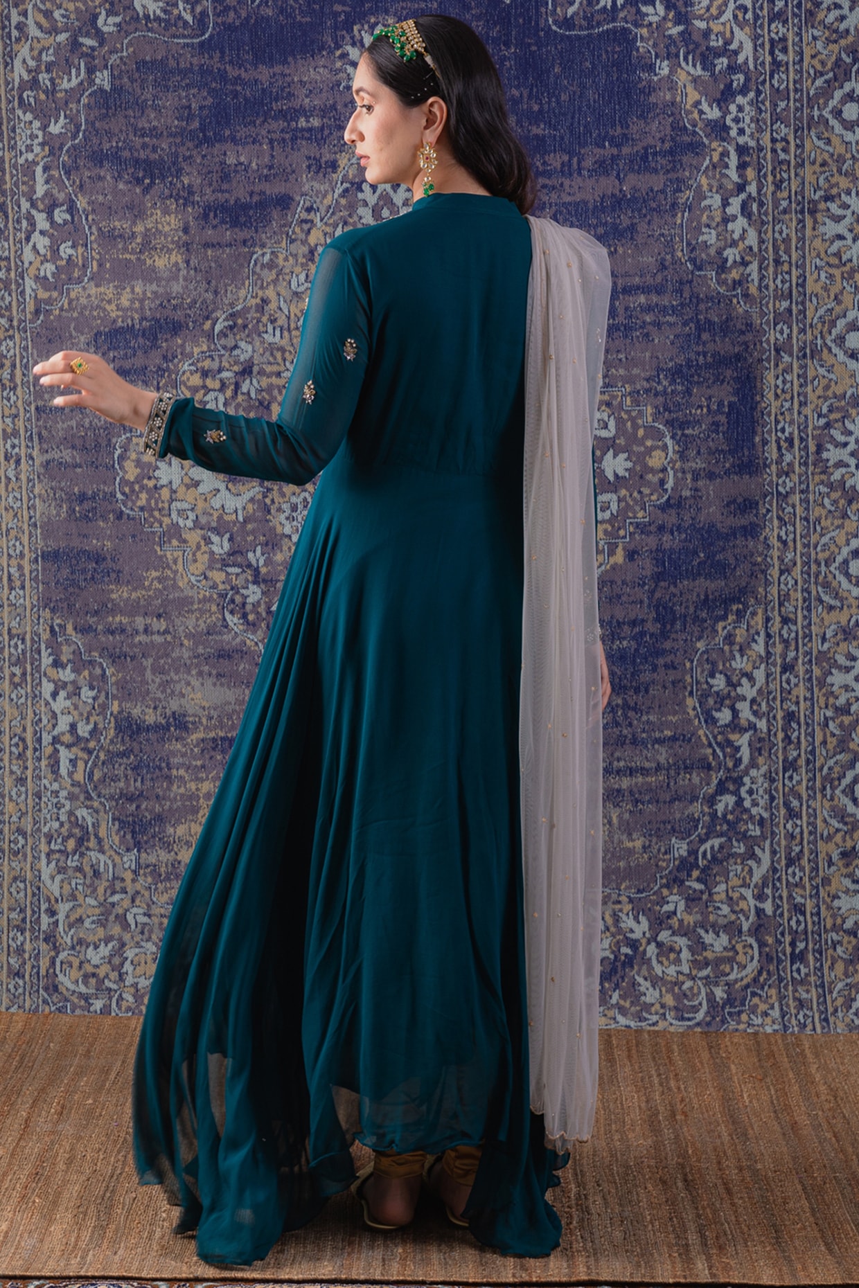 Buy Peacock Blue Printed Semi Crepe Semi-Stitched Salwar Suit - Koskii