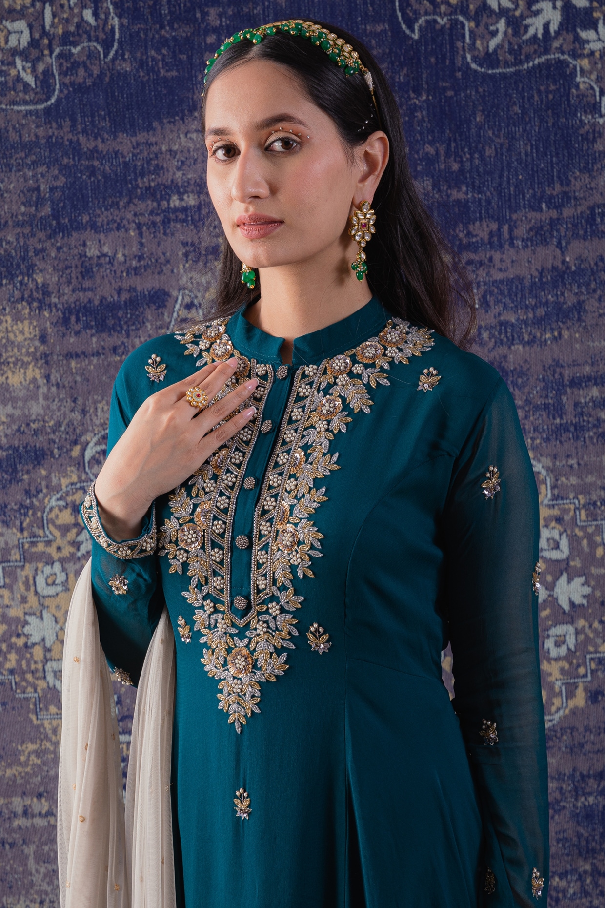 Buy Peacock Blue Zariwork Velvet Readymade Salwar Suit - Koskii