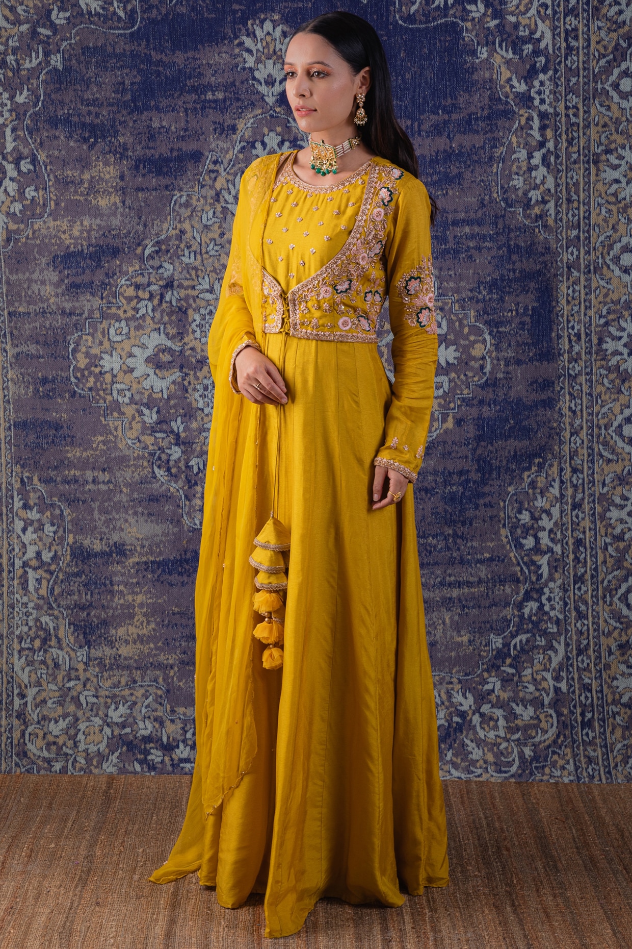 Functional Wear Heavy Butter Silk Mustard Yellow Designer Gown With Dupatta  – Kaleendi