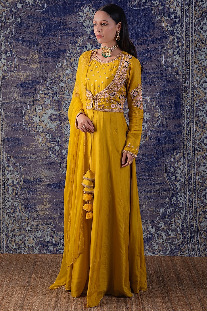 Mustard Yellow Embroidered Anarkali With Dupatta by Baidehi