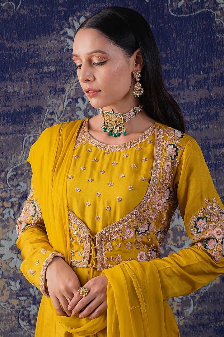 Mustard Yellow Embroidered Party Wear Anarkali With Dupatta by Baidehi at Pernia's Pop Up Shop