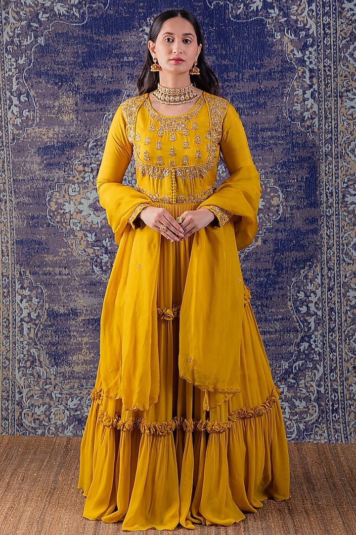 Mustard Yellow Embroidered Tiered Anarkali With Dupatta Design by ...