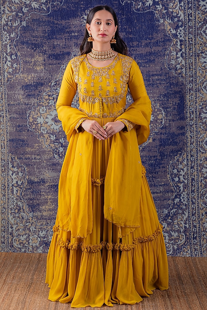 Mustard Yellow Embroidered Tiered Anarkali With Dupatta by Baidehi at Pernia's Pop Up Shop