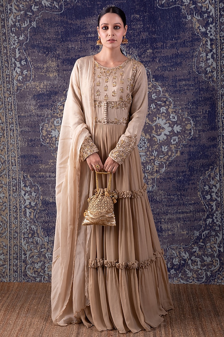 Beige Embroidered Tiered Anarkali With Dupatta by Baidehi