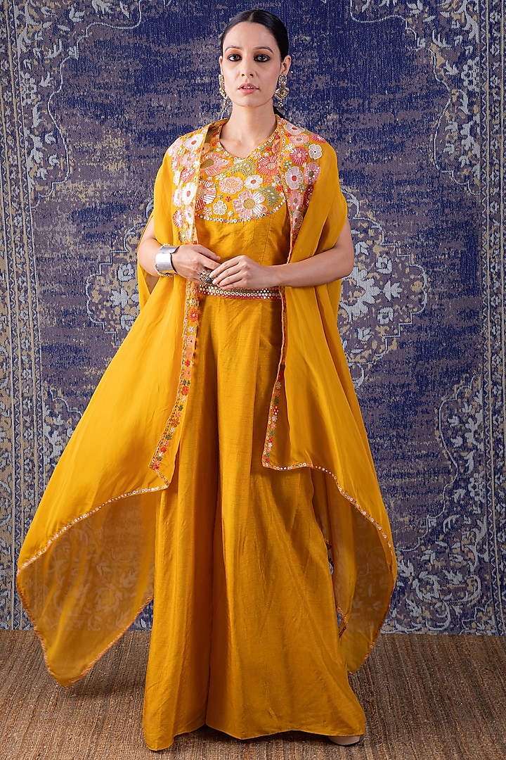 Yellow Embroidered Cape Set by Baidehi